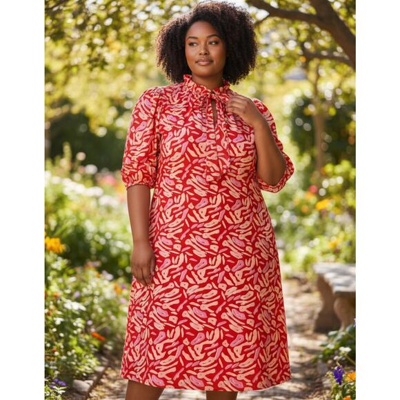 Eloquii Abstract Tie Neck Midi Red and Pink Plus Size Dress Demure Size 24 - Picture 1 of 10